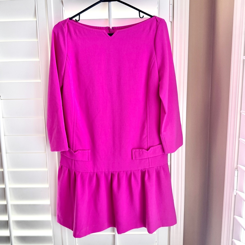 Victoria Beckham Target Pink Mod Drop Waist Ruffle Dress XS Hot Pink 3/4 Sleeve